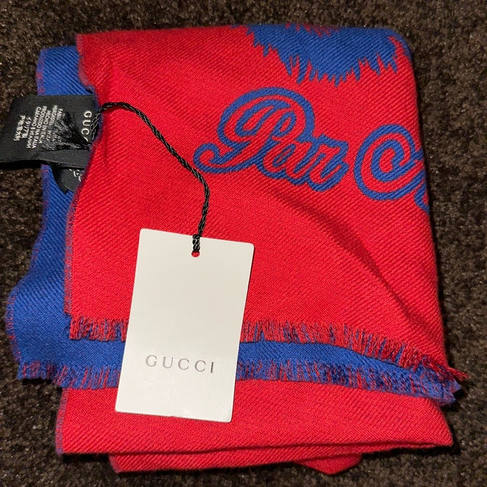 Gucci Wool Tiger Jacquard Muffler Unisex Scarf L'Aveugle Par Amour Blue / Red
